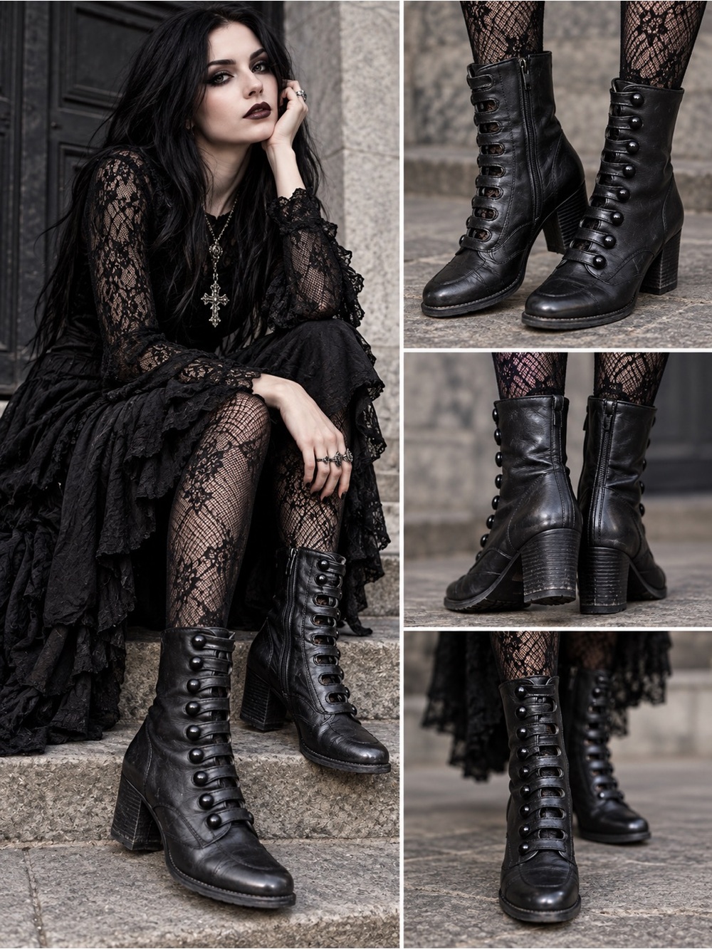 Vintage Poppies Black Leather Victorian Goth Button Boots 10M Made in Chile